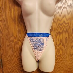 2 Victoria Secret Lace Thong Set - Blue and Pink With Rhinestones Sz Med